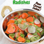 cucumber carrot salad in a brass bowl with pinterest text overlay