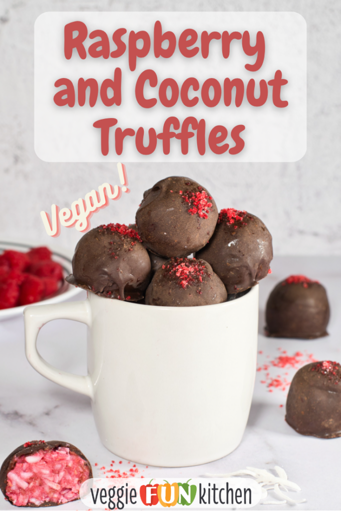 white cup full of raspberry truffles with pinterest text overlay