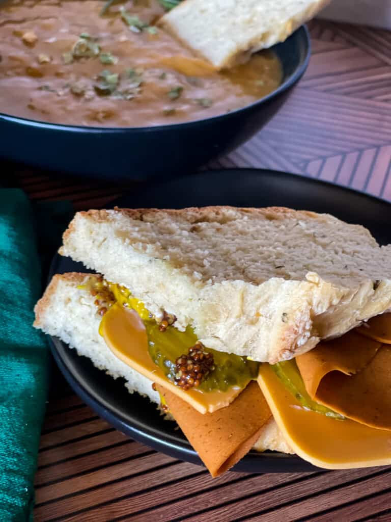 soup and sandwich with the rosemary garlic bread