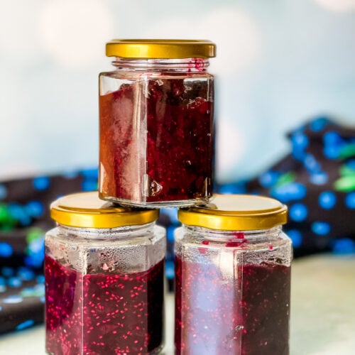 three jars of blueberry chia seed jam