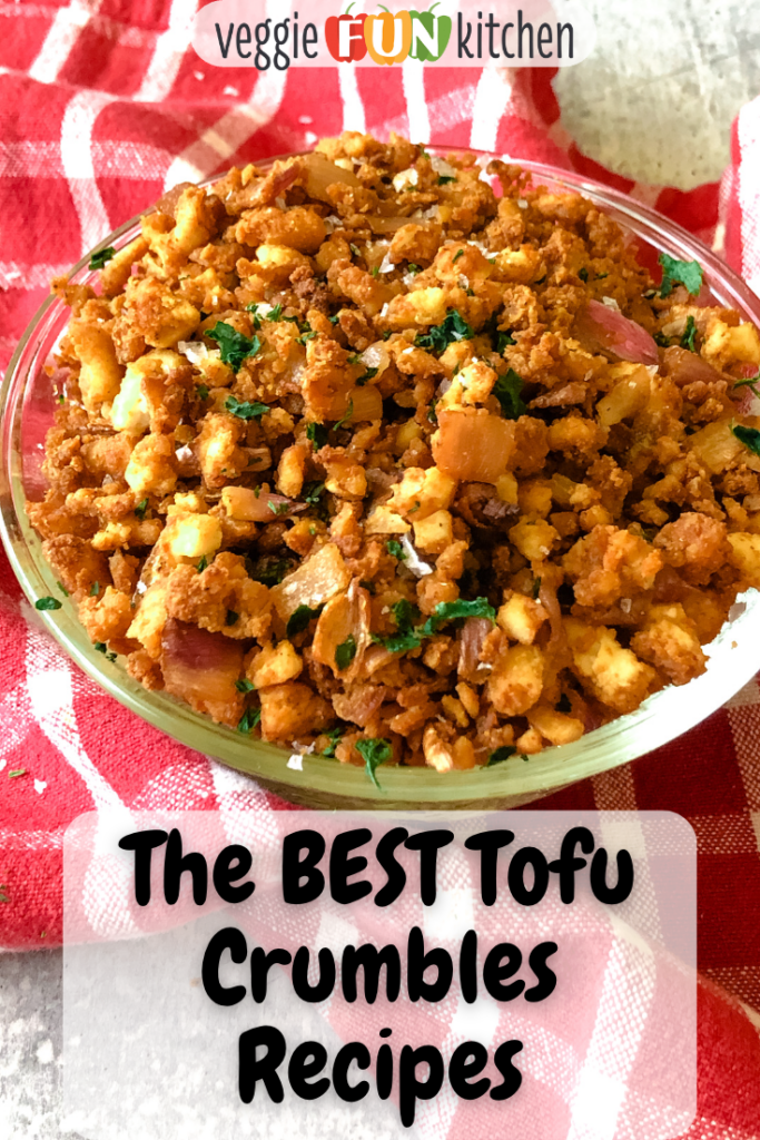 bowl of cooked tofu crumbles with pinterest text overlay