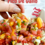 scooping out watermelon pico de gallo on a cip with pinterest text overlay