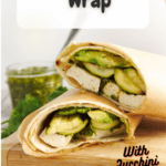 Tofu wrap on lavish bread with chimichurri sauce in the background and pinterest text overlay.