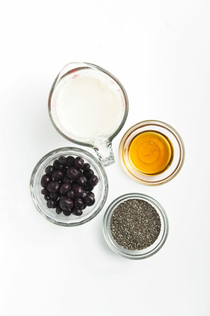 Ingredients needed for blueberry chia pudding. Ingredients are in the blog post.