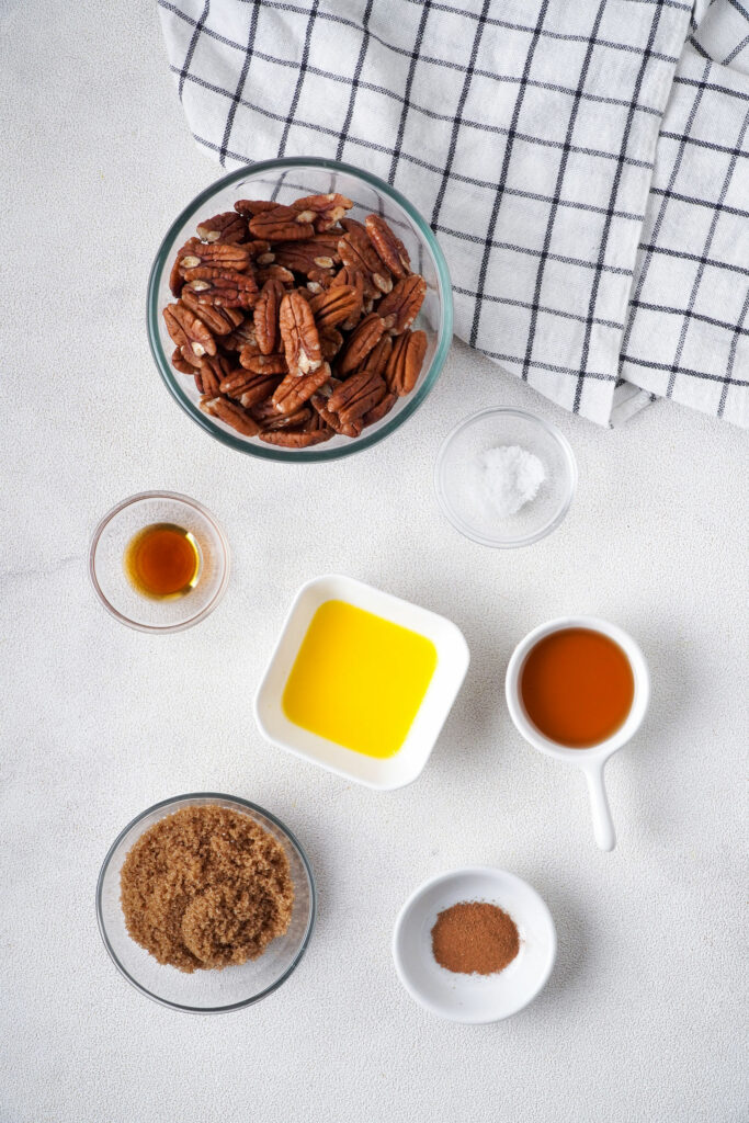 Ingredients needed for candied pecans. The ingredients are listed in the blog post.