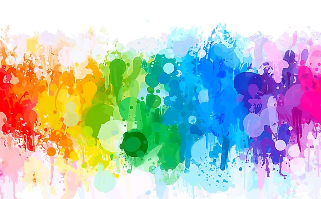 watercolor splotches of the colors of the rainbow from left to right: red, orange, yellow, green blue, purple, pink