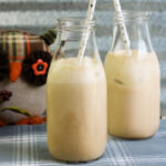 Two jars of vegan Iced Chai Latte with two star embellished straws in each and a cute stuffed owl behind.