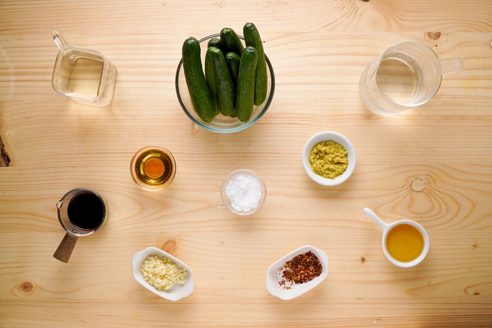 Ingredients needed to pickled Asian cucumbers. Ingredients listed in blog post.