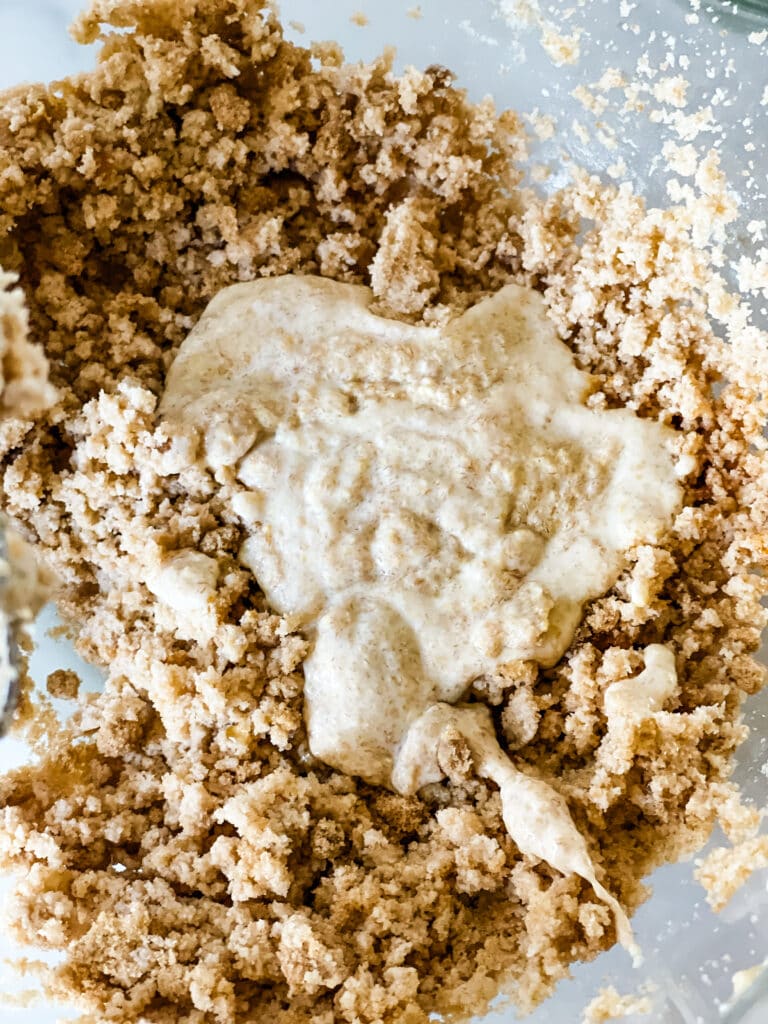 Adding the flax vegan buttermilk mixture.