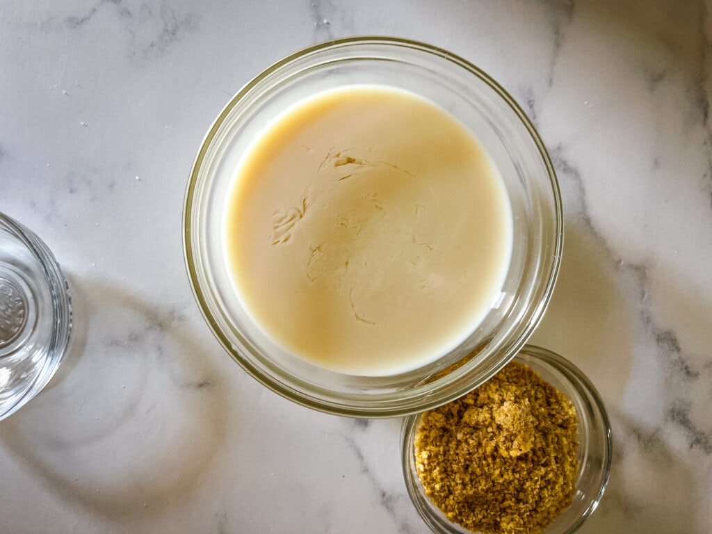 You can see that the vegan buttermilk is starting to coagulate. The gound flax seed is in the rear right.