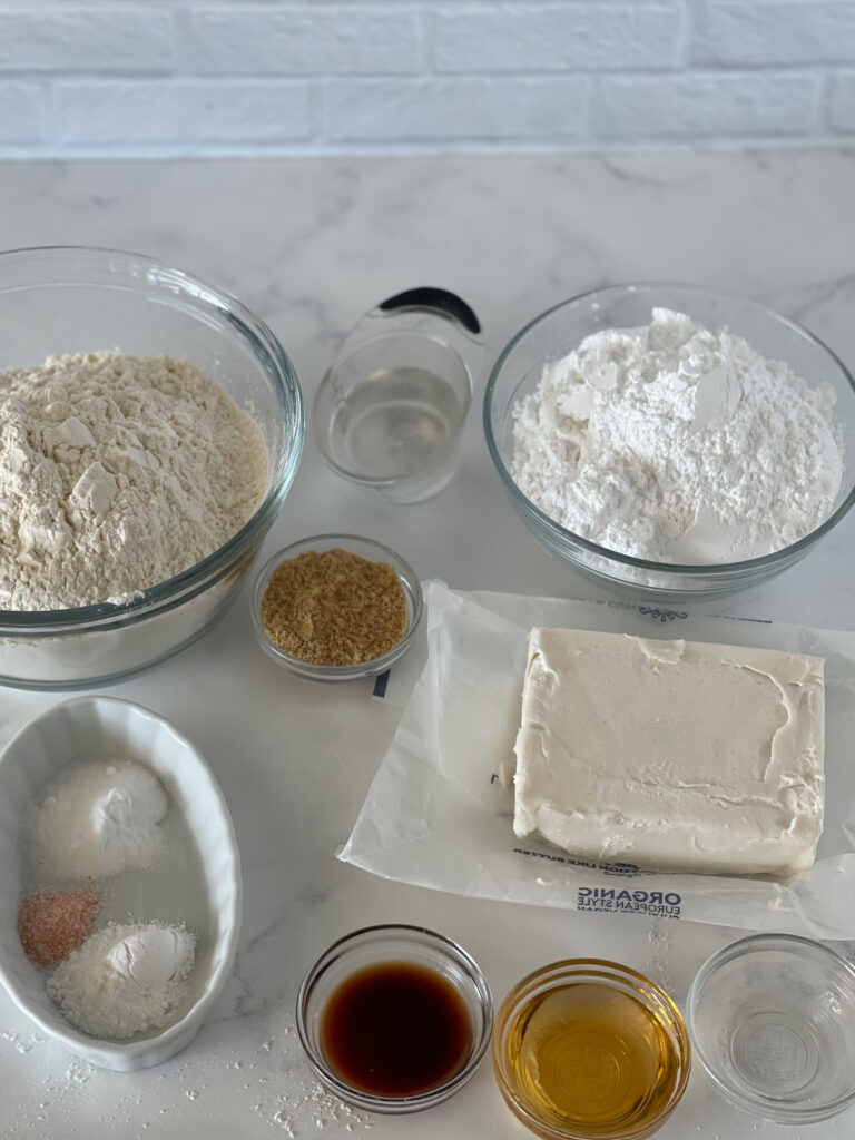 Ingredients needed for soft sugar cookies. Ingredients are listed in the blog post.