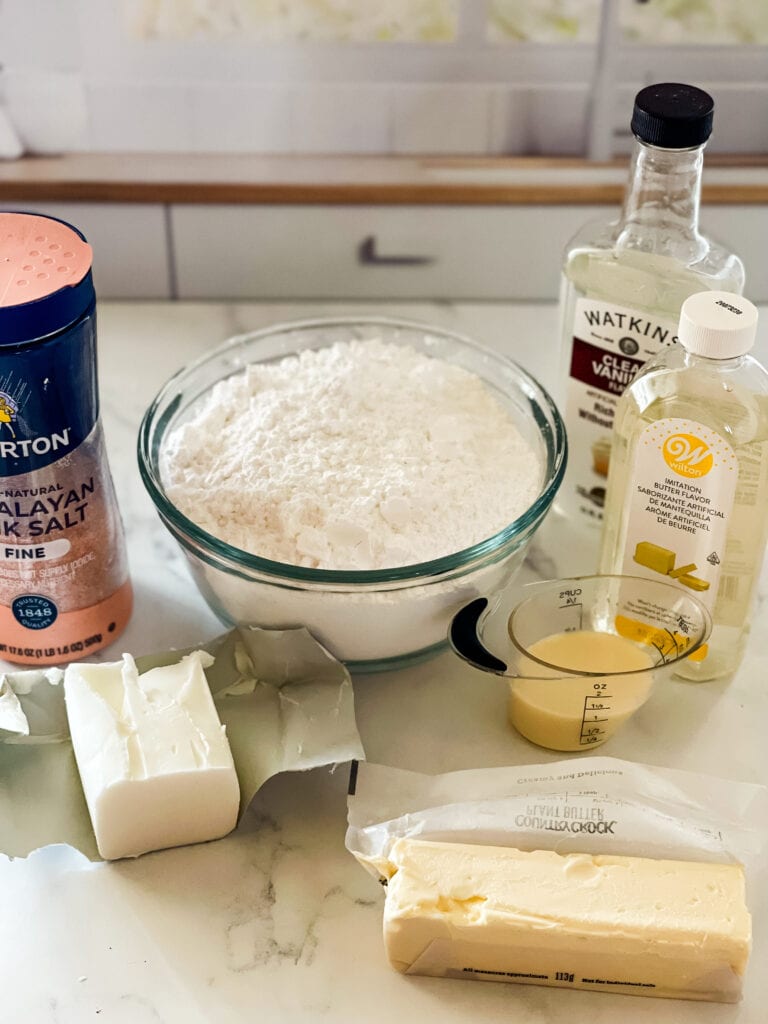 Ingredients needed for vegan buttercream frosting. Ingredients are listed in the blog post.