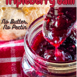 Spooning out triple berry jam with bread and a red checked cloth in the background with pinterest text overlay.