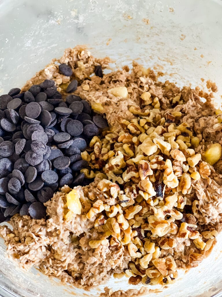 Adding in the walnuts an vegan chocolate chips.