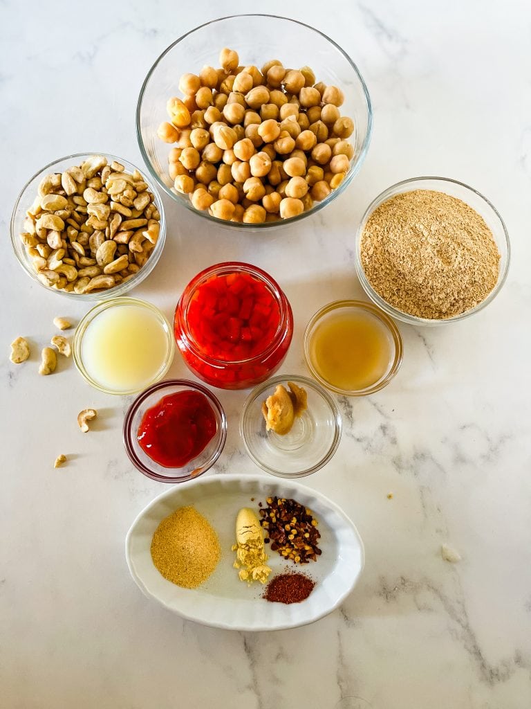 Ingredients for vegan pimento cheese spread. The ingredients are listed in the blog post.