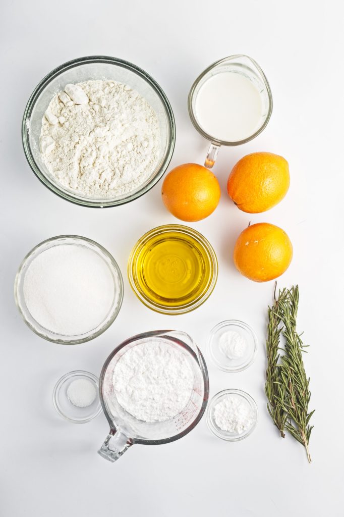 Ingredients needed for olive oil rosemary orange cake. Ingredients are listed in the blog post.