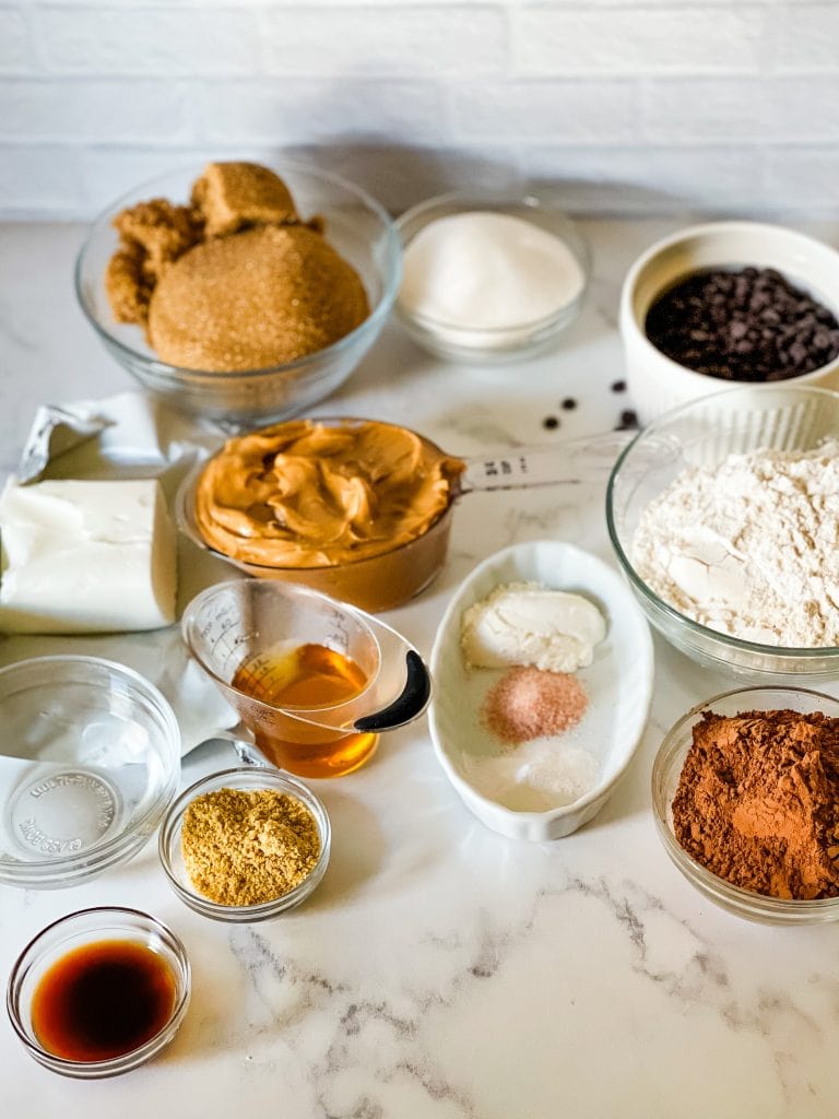 Ingredients needed for vegan chocolate peanut butter cookies. The ingredients are listed in the blog post.