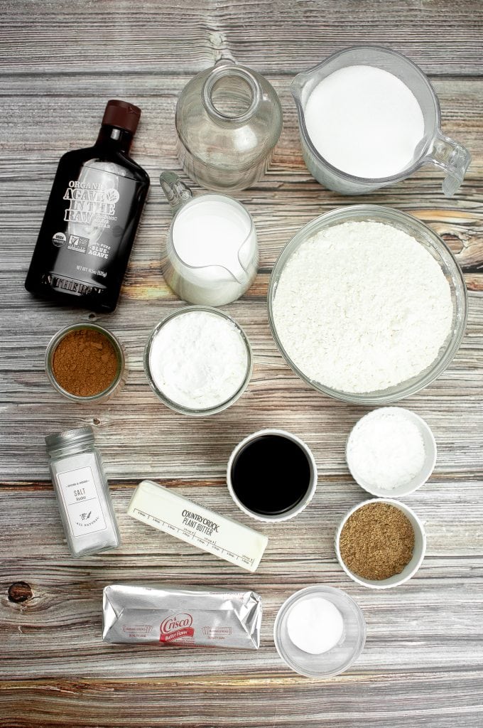 All the ingredients for vegan chocolate sheet cake. The ingredients are listed in the blog post.