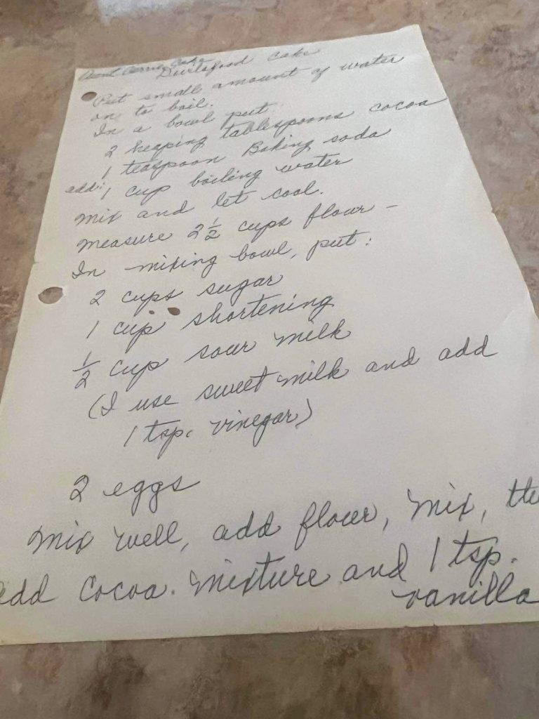 Hand written recipe for chocolate sheet cake
