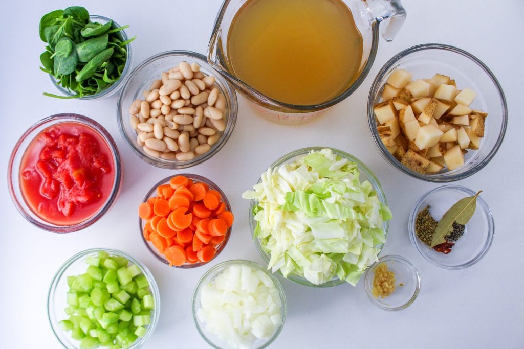 Ingredients needed for slow cooker minestrone soup - all listed in blog post