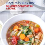 Minestrone soup in a white bowl with pinterest text overlay