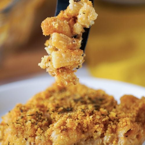 baked mac and cheese on a dish with a black forkful in the air above it