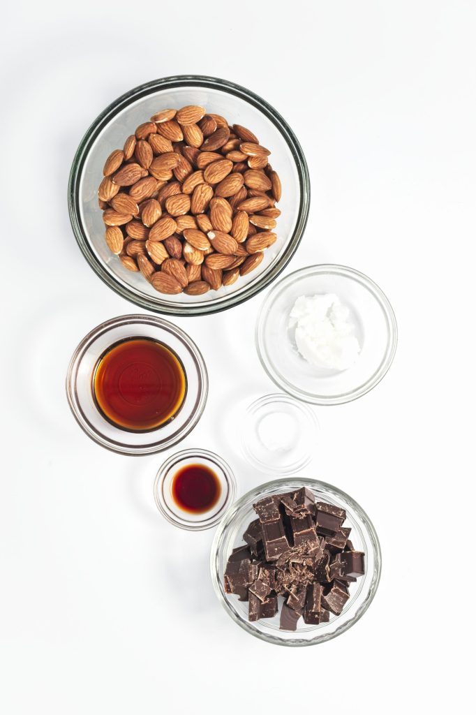 ingredients needed for chocolate covered almonds. Ingredients listed in the blog post.