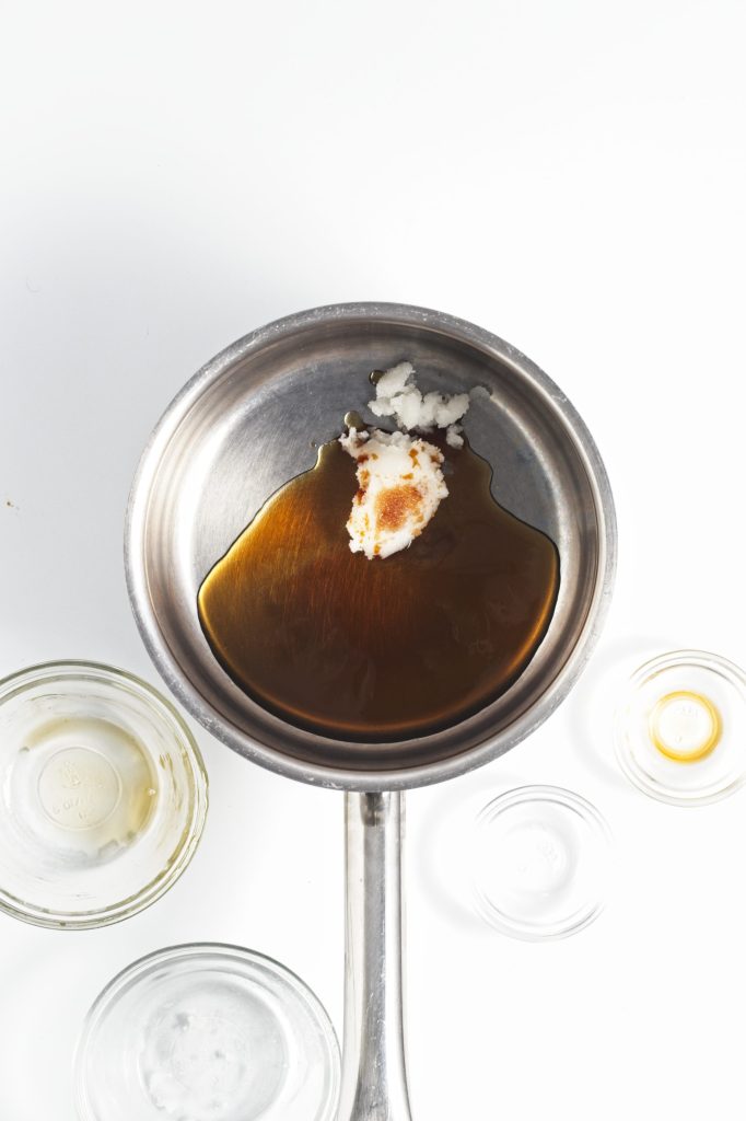 Ingredients for the maple syrup mixture in the pan ready to cook.