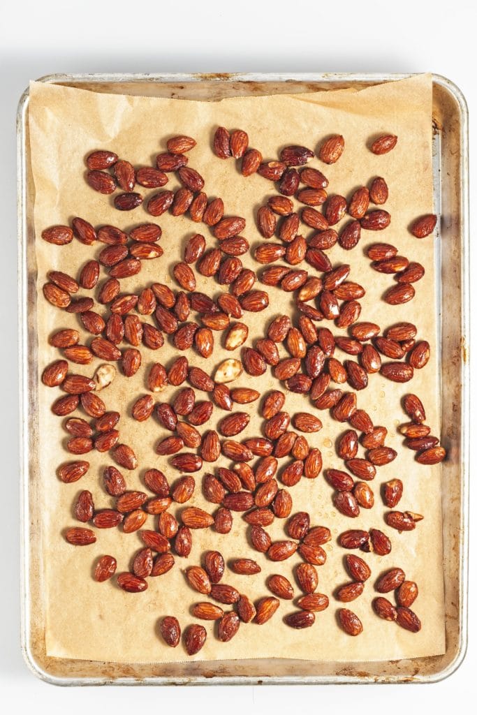 maple coated almonds on a tray