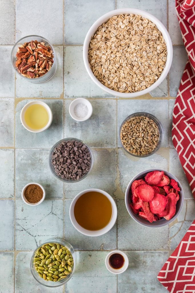 The ingredients for the strawberry granola. Ingredients are listed in the blog post.
