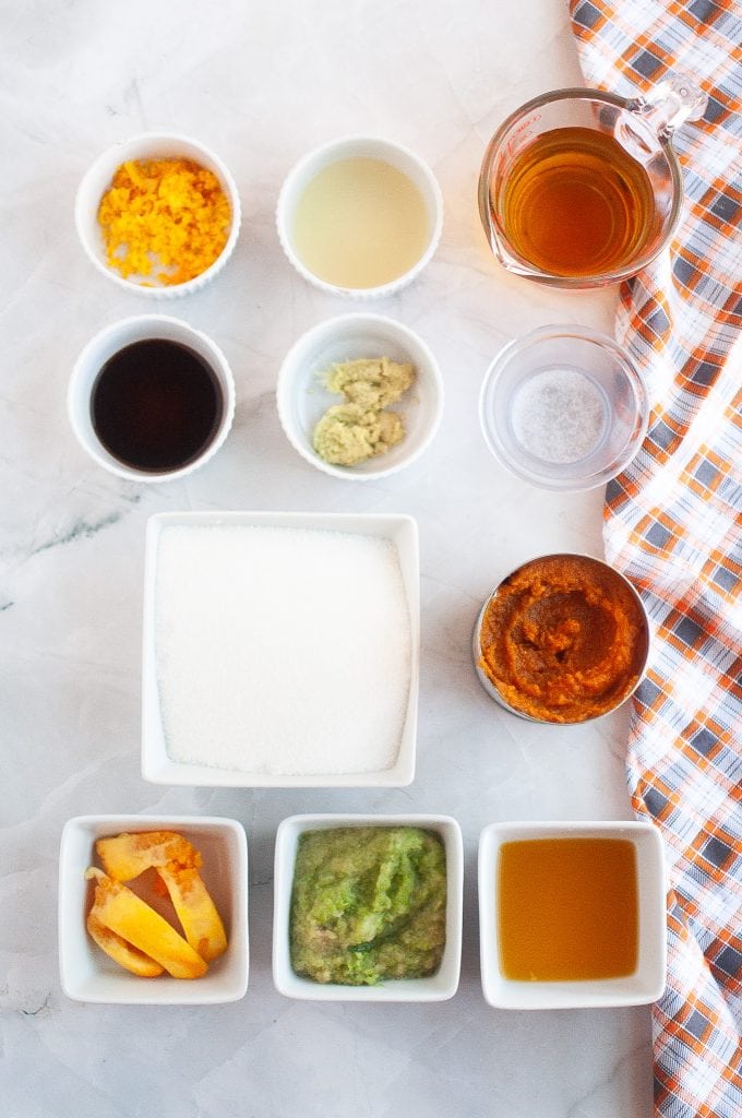 Ingredients for pumpkin jam. Ingrediens found in the blog post.