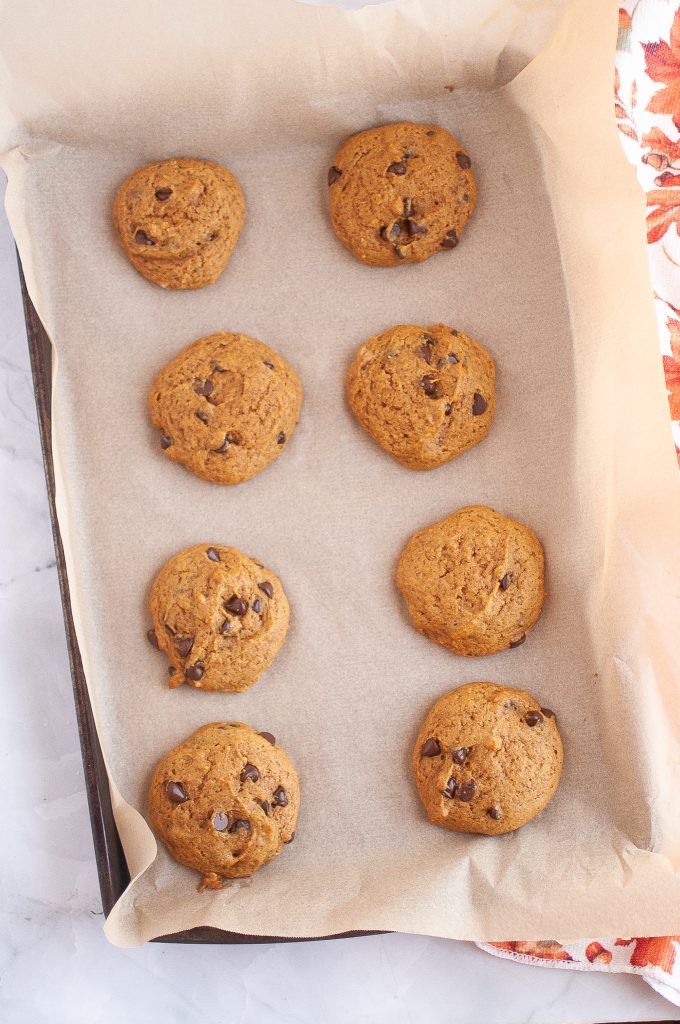Eight baked vegan pumpkin chocoate chip cookies on a parchment -lined pan. A fall-themed cloth is on the right.