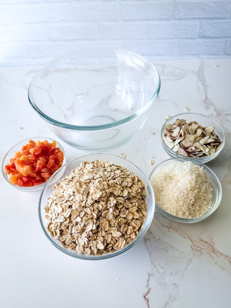 dried apricots and almond ingredients for almond butter granola bars