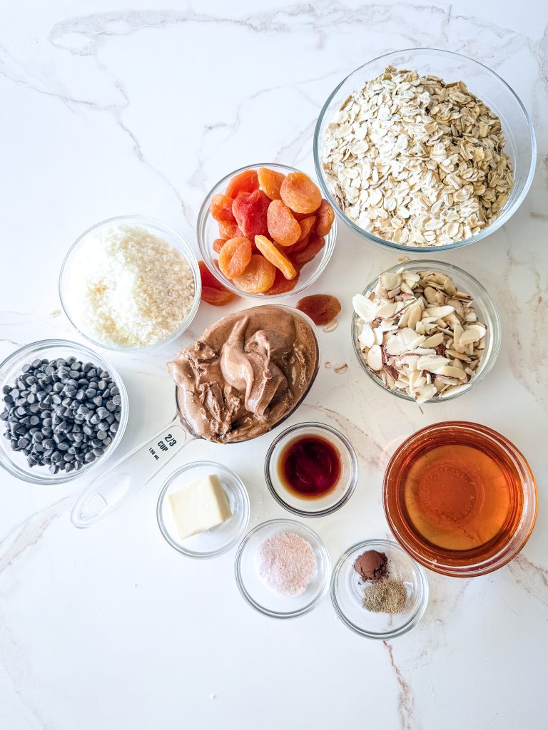 Ingredients for almond butter granola bars listed in blog post