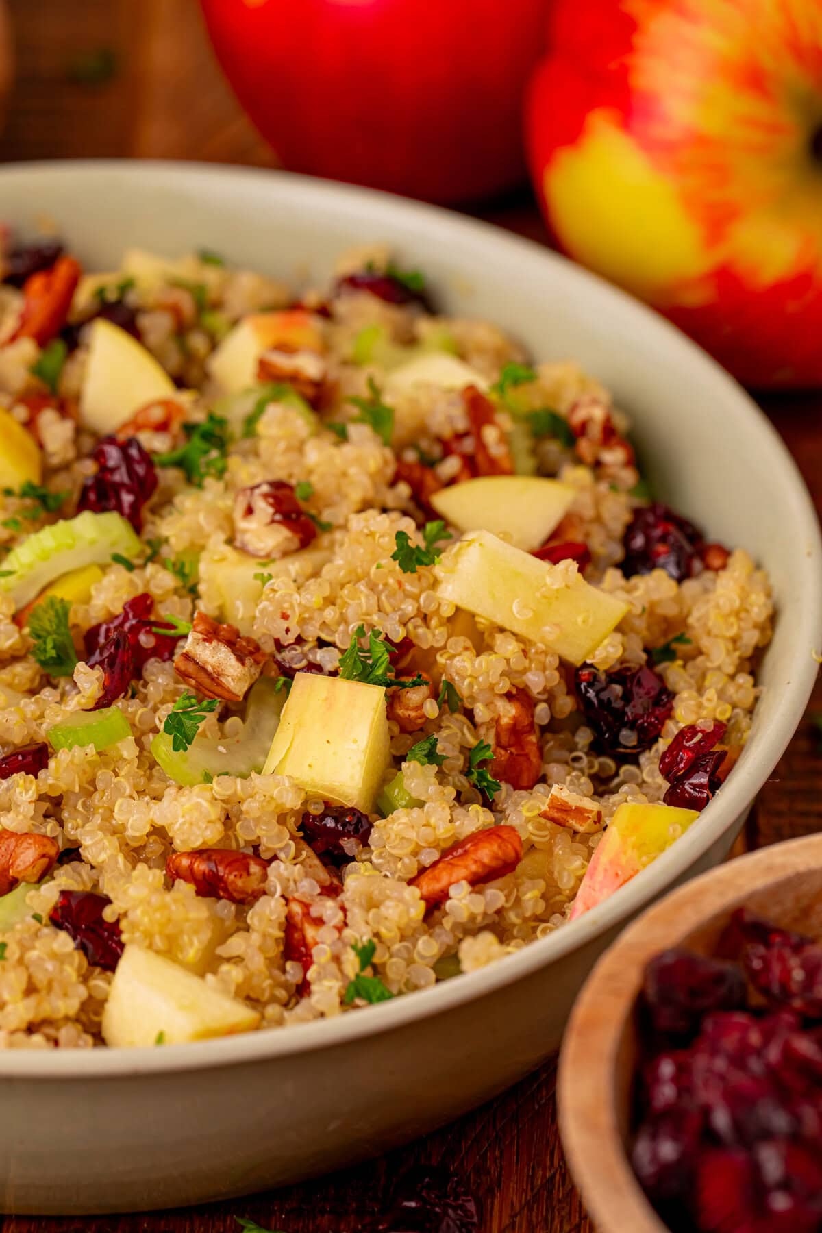 A bowl of quinoa salad with chopped apples, dried cranberries, celery, pecans, and fresh parsley, with whole apples and a small bowl of cranberries in the background.