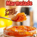 A close-up of a spoonful of mixed citrus marmalade being lifted from a jar, with text that reads Mixed Citrus Marmalade, Small Batch! and a Veggie Fun Kitchen logo at the bottom.