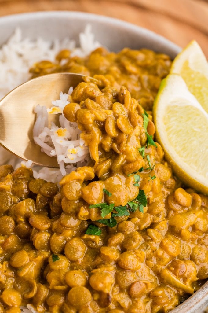 A close-up of creamy lentil curry served with white rice in a bowl. A spoon is lifting some lentils and rice, and there are two lemon wedges on the side, garnished with chopped herbs.