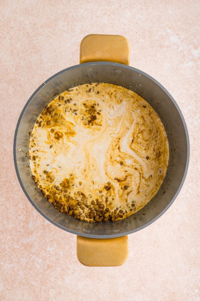 A pot with a creamy mixture of lentils, spices, and coconut milk, viewed from above on a light-colored countertop. The ingredients are partially mixed, showing swirls and bubbles on the surface.